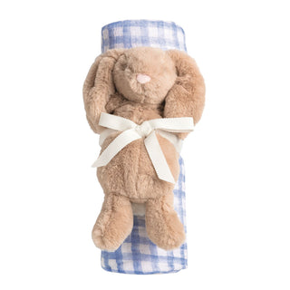 Plush bunny toy wrapped in a blue checkered blanket on a white background