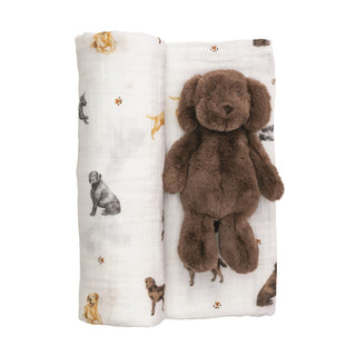 Blanket with a brown teddy bear and dog illustrations on a white background