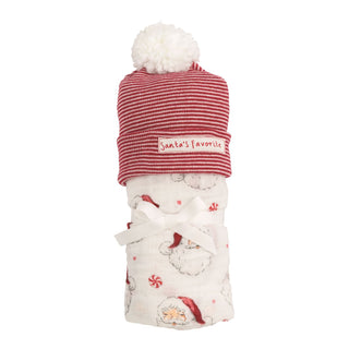Baby swaddle with red and white striped hood and 'Santa's Favorite' text on a white background