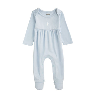 Light blue baby onesie with a white cross on a white background