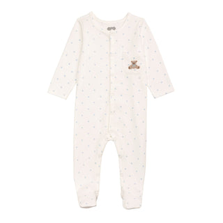 Baby onesie with a small bear design on a white background