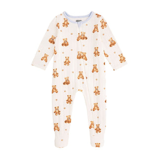 Baby onesie with teddy bear pattern on a white background