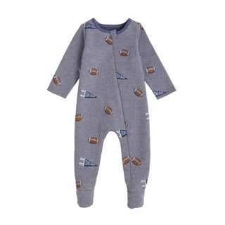 Gray baby onesie with football patterns on a white background