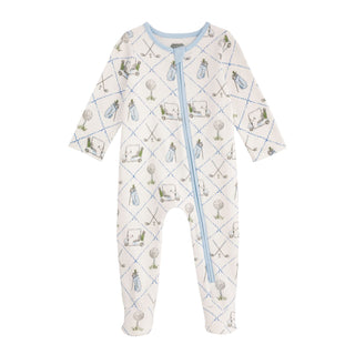 Baby onesie with a pattern of golf balls and golf carts on a white background