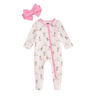 Baby onesie with pink zipper and matching bow on a white background