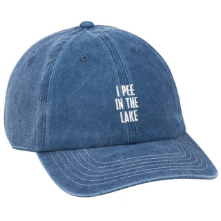 Blue denim cap with white text 'I Pee in the Lake' on a white background