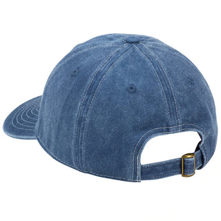 Blue denim cap with a gold buckle on a white background