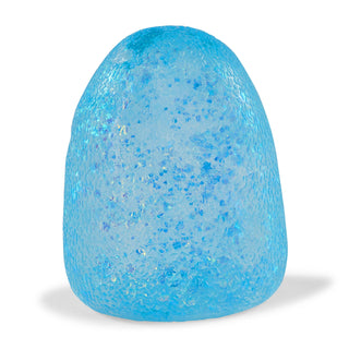 A textured, translucent light blue egg-shaped object with a bubbly, pebble-like surface and subtle iridescent flecks, shown on a white background with a soft shadow.
