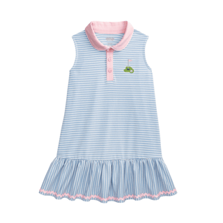 Light blue striped dress with pink collar and green frog design on a white background