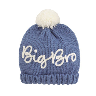 Blue knit beanie with white pom-pom and 'Big Bro' text on a white background