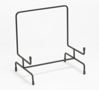 Black metal stand with a clear protective screen on a white background