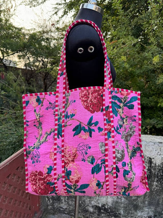 Pink Foliage Quilted Tote Bag