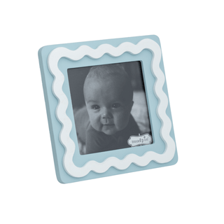 Blue and white wavy frame with a baby photo on a white background