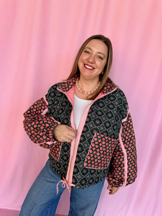 Patchwork Quilted Bomber Jacket- Curvy