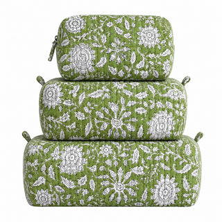 Green Floral Quilted Cosmetic Bags