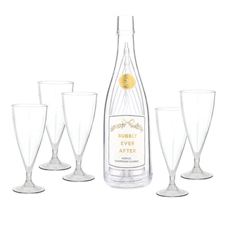 Set of champagne flutes and a bottle labeled 'Bubbly Ever After' on a white background