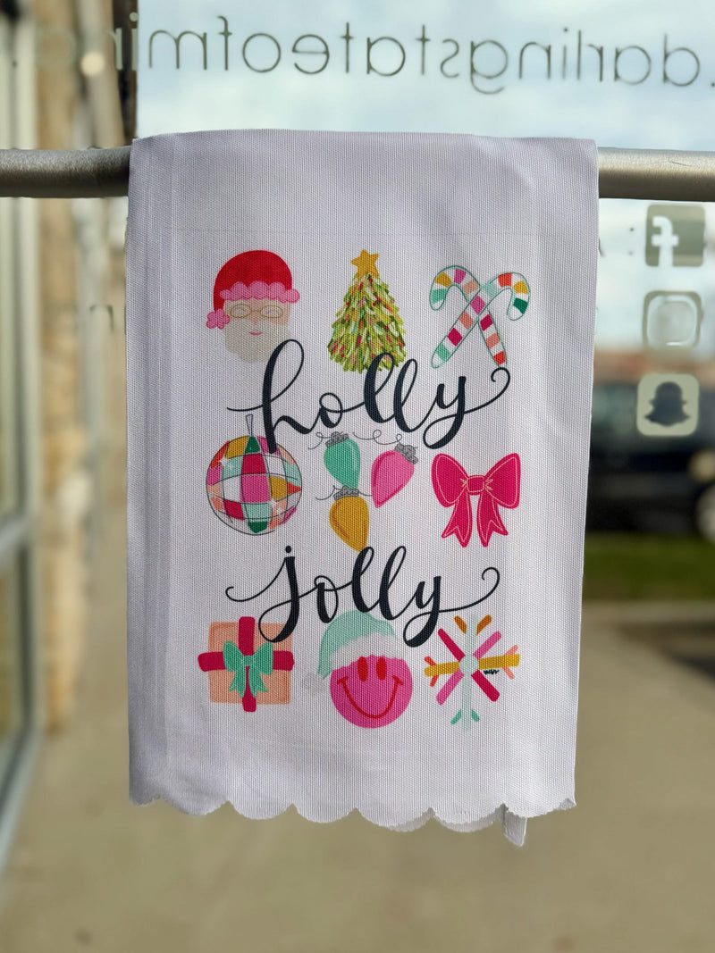 Holly Jolly Icon Scallop Tea Towel