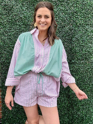 Pink and Green Stripped Button Up Top 