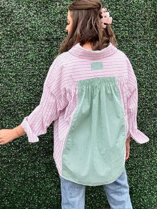 Pink and Green Stripped Button Up Top 