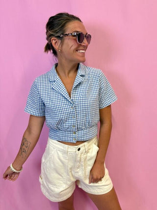 Blue Gingham Button Up Top 