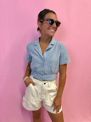 Blue Gingham Button Up Top 