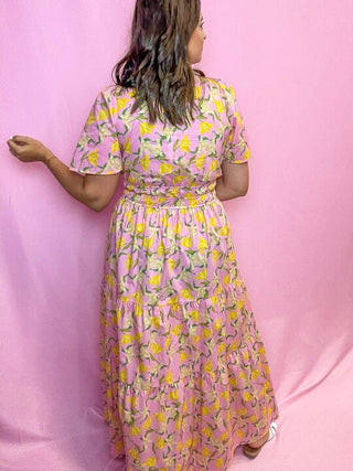Pink Maxi Dress with Yellow Floral Details 