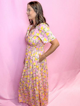 Pink Maxi Dress with Yellow Floral Details 