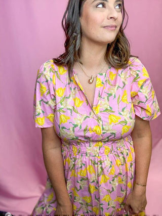 Pink Maxi Dress with Yellow Floral Details 