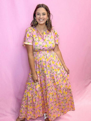 Pink Maxi Dress with Yellow Floral Details 