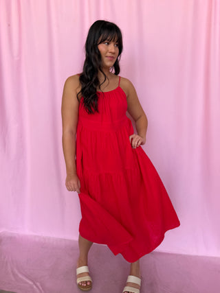 girl wearing a red dress