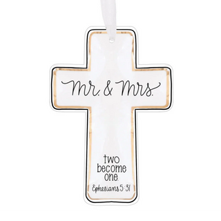 Decorative cross ornament with 'Mr & Mrs' and Bible verse text on a white background
