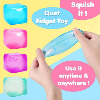 Fidget toy being squished with text encouraging use anytime and anywhere on a colorful background