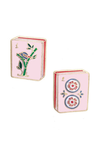 Two pink playing card cases with floral designs on a white background