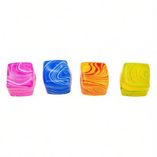 Four square glass domes with marbled swirl patterns, shown in pink and white, blue and white, orange and yellow, and lime green and yellow, arranged in a row on a white background.