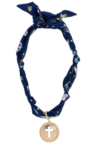 Elodie Cross Coin Scarf Necklace - Navy