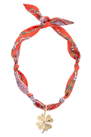 Briar Pave Clover Scarf Necklace - Coral