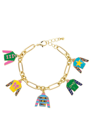 Gold bracelet with colorful charms on a white background