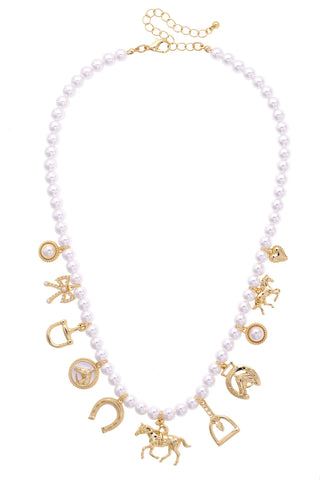 Necklace with white beads and gold charms on a white background