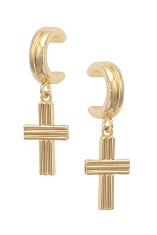 Gold hoop earrings with cross designs on a white background