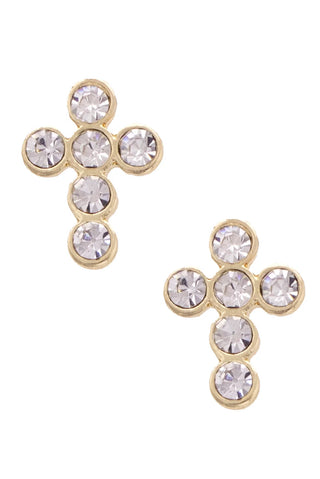 Gold cross-shaped earrings with clear gemstones on a white background