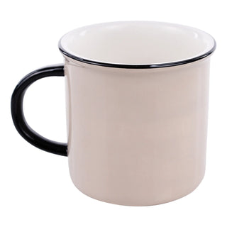 White mug with black handle on a white background