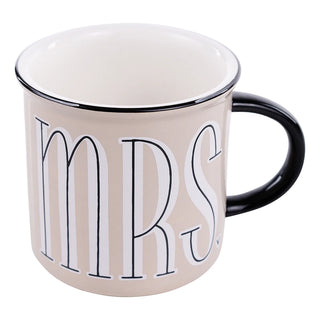 Beige mug with 'MRS' text on a white background