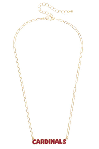 A gold paperclip chain necklace with a red 'CARDINALS' text pendant, displayed on a clean white background.