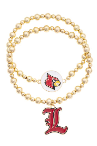 Two bracelets with 'L' and cardinal logo pendants on a white background