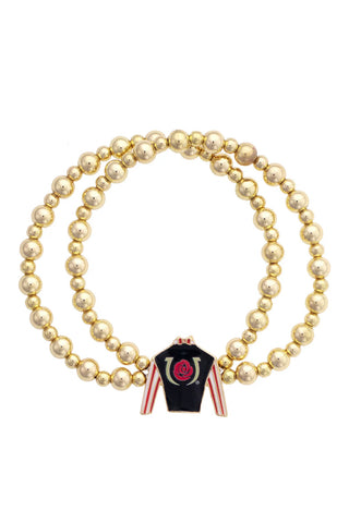 Pearl necklace with a black and gold horse racing bib charm on a white background