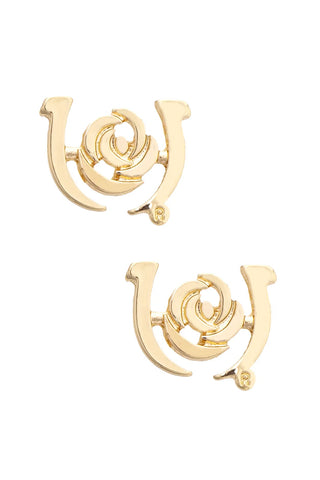 Gold horseshoe-shaped earrings on a white background