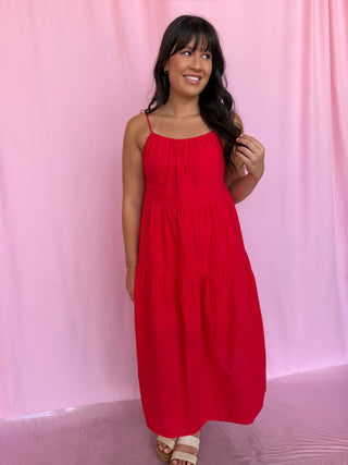 girl wearing a red dress
