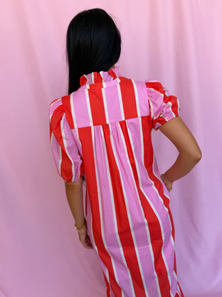 Woman wearing a striped dress