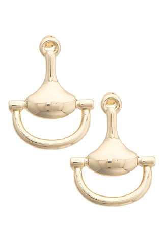 Pair of gold equestrian stirrup pendants on a white background