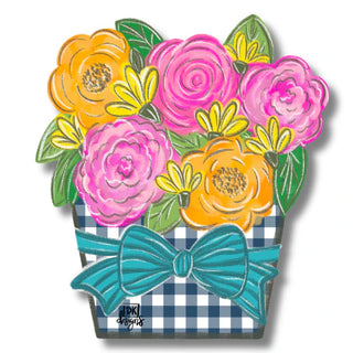 Colorful floral design with a blue bow on a checkered background